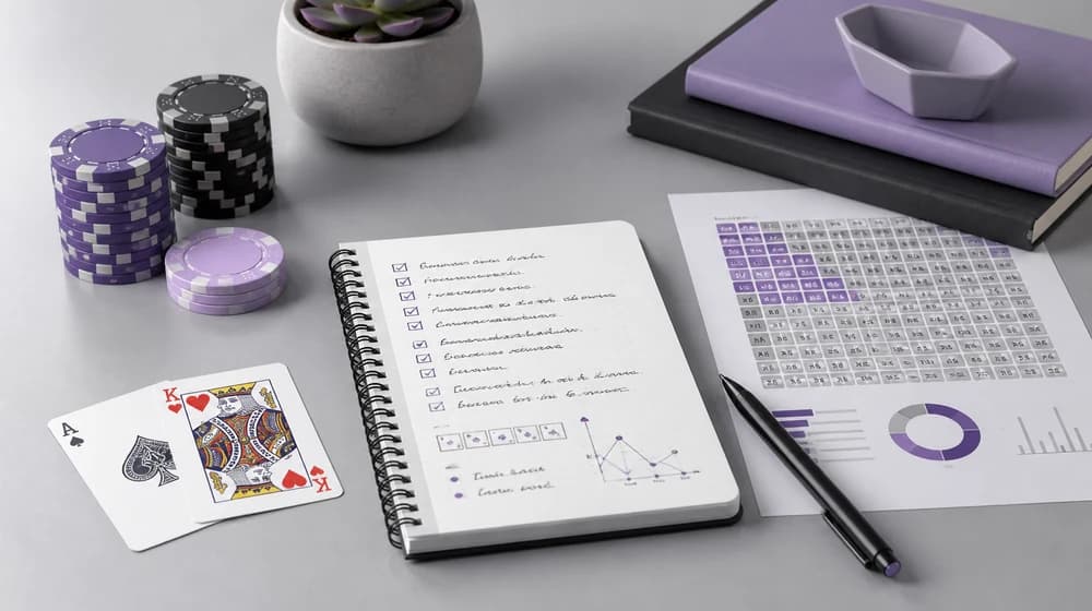A player reviews a saved poker hand with cards, notes, and range work separated from the final result.