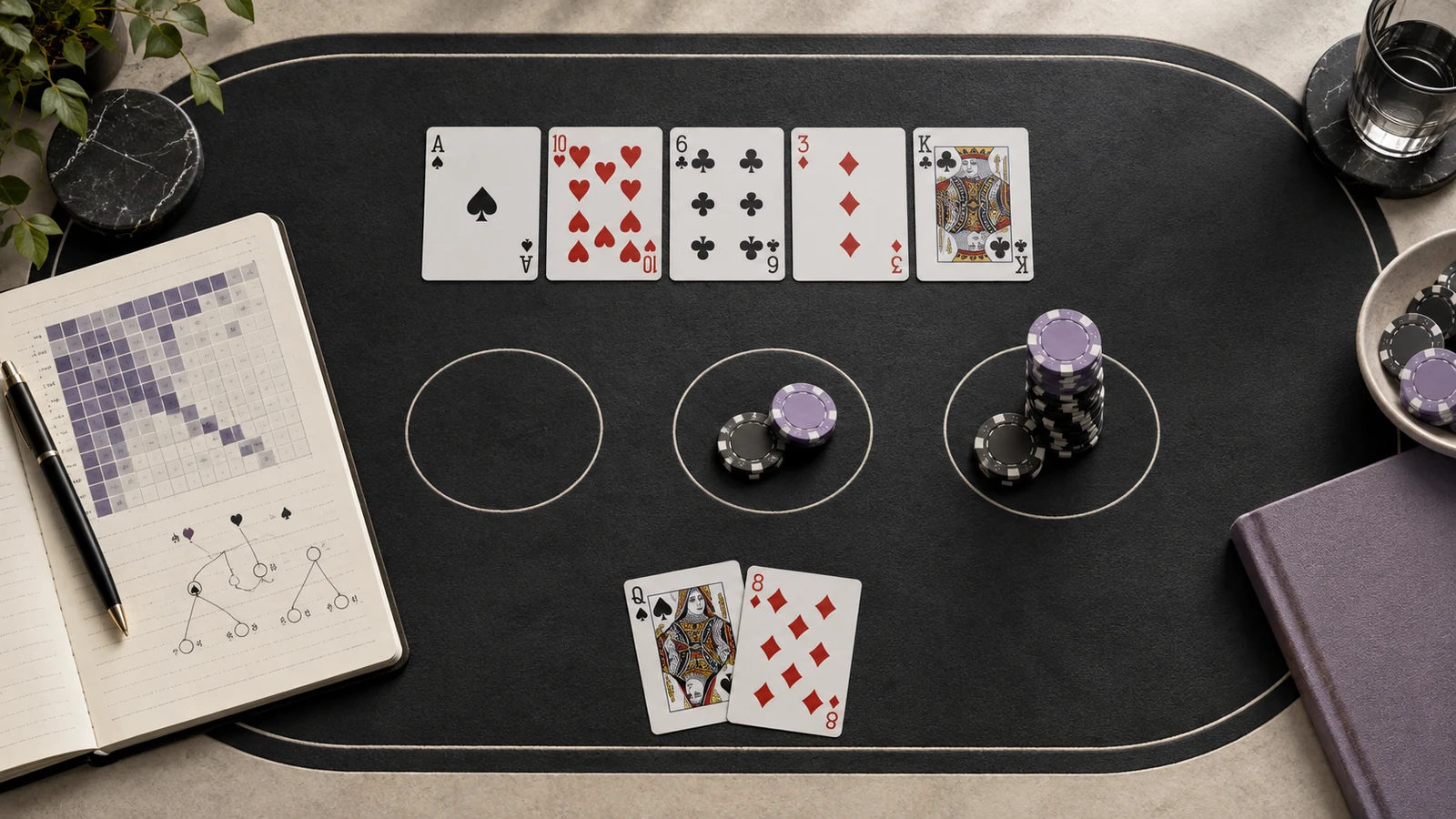 Three chip arrangements beside a range notebook represent checking, betting small, and sizing up in the turn review.