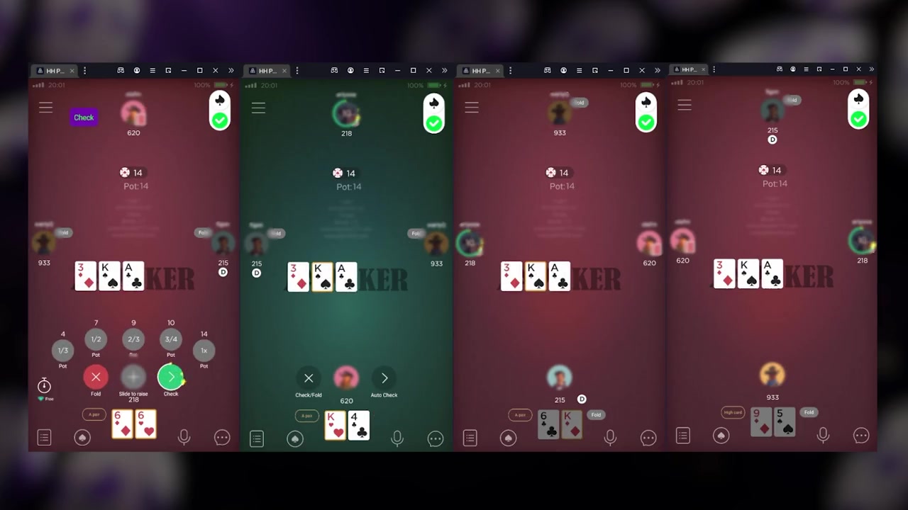 Four supported HHPoker tables with a separate Poker-Eye account and ready indicator for each table.