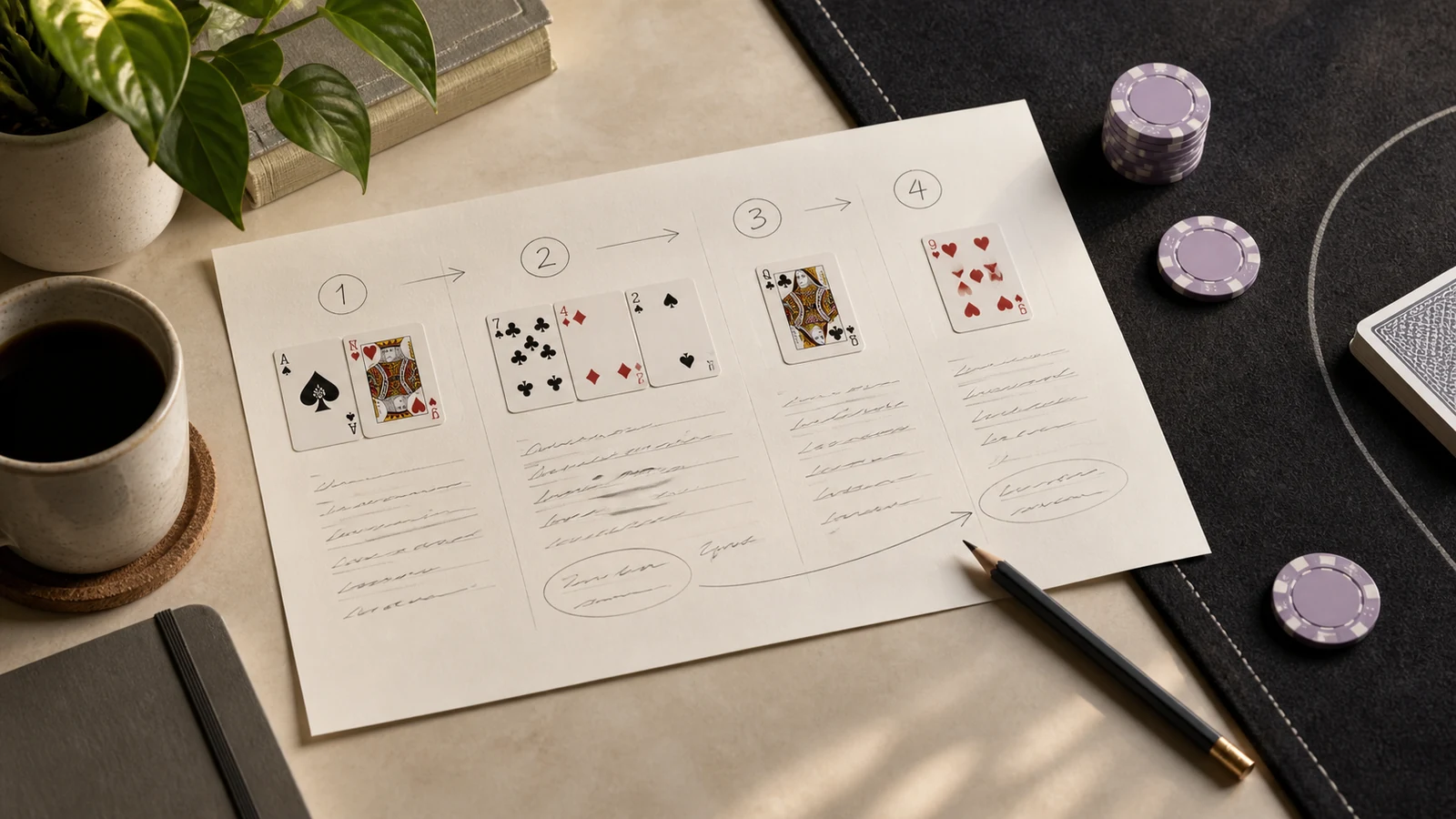 A four-step hand-history worksheet lays out the action in order before the reviewer writes one adjustment.