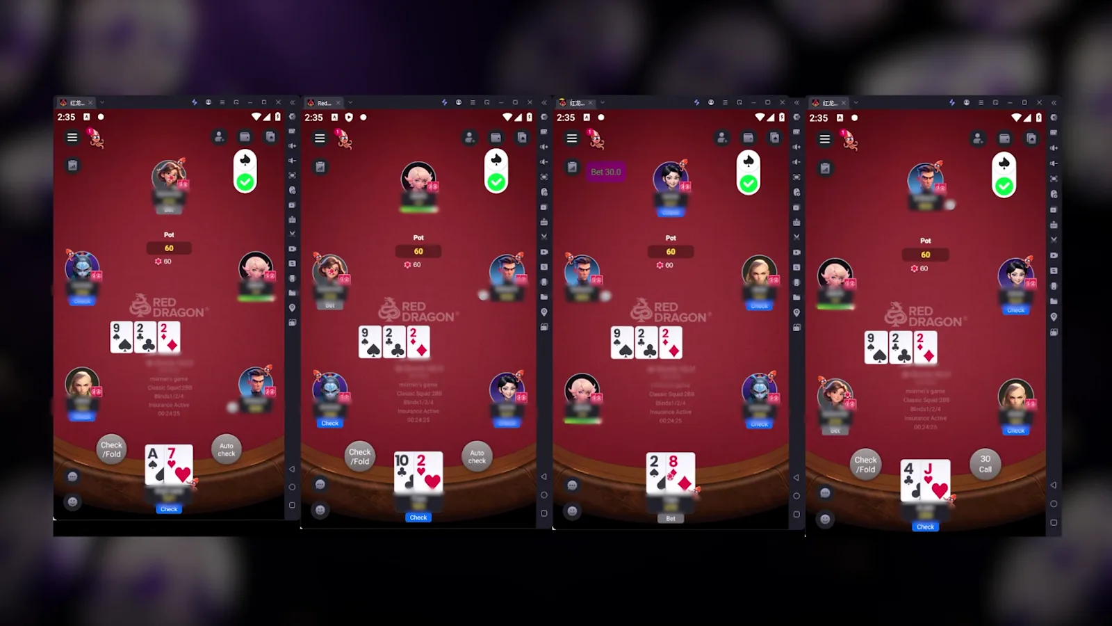 Four RedDragon tables with a separate Poker-Eye account and status indicator for each table