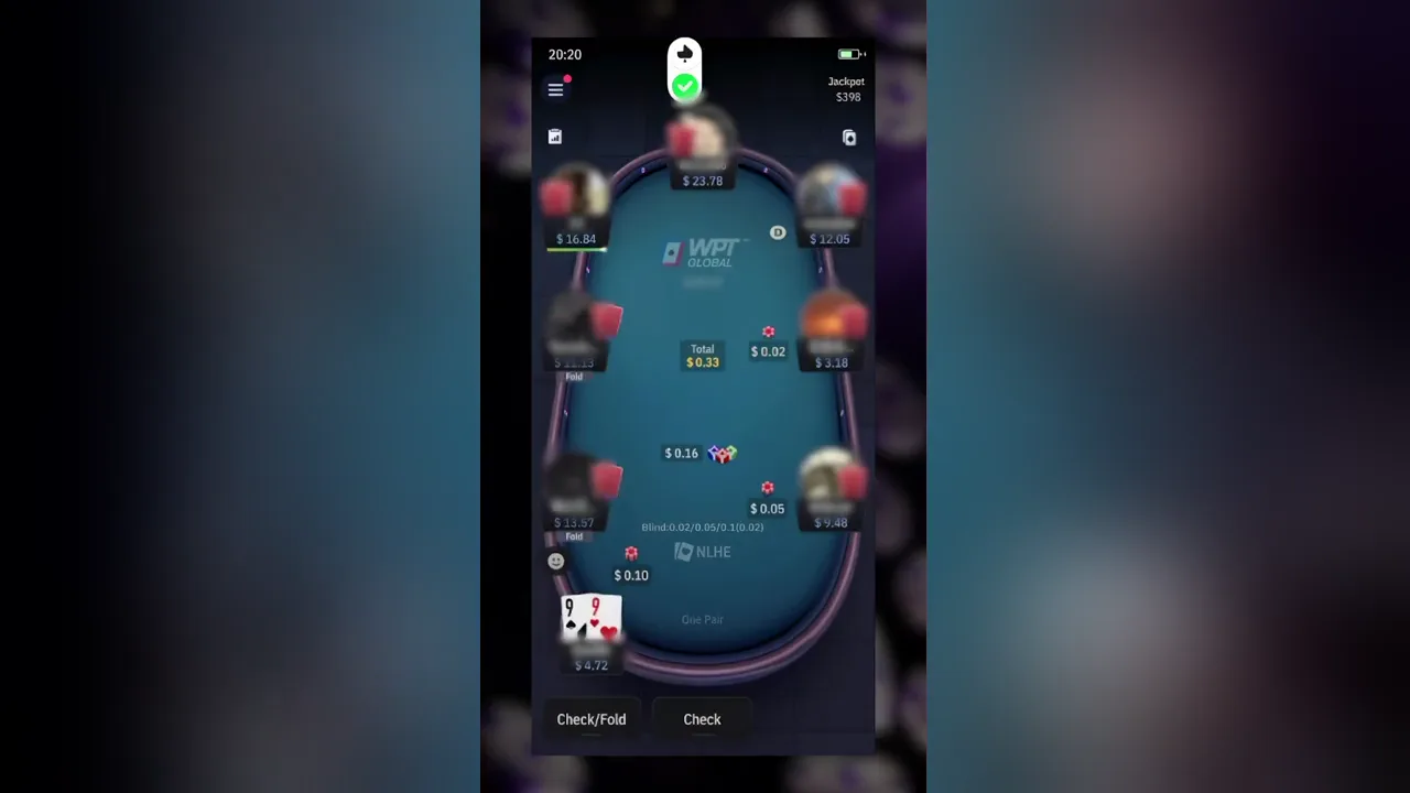 A supported WPT Global table with Poker-Eye status, action cue, cards, and native controls visible.