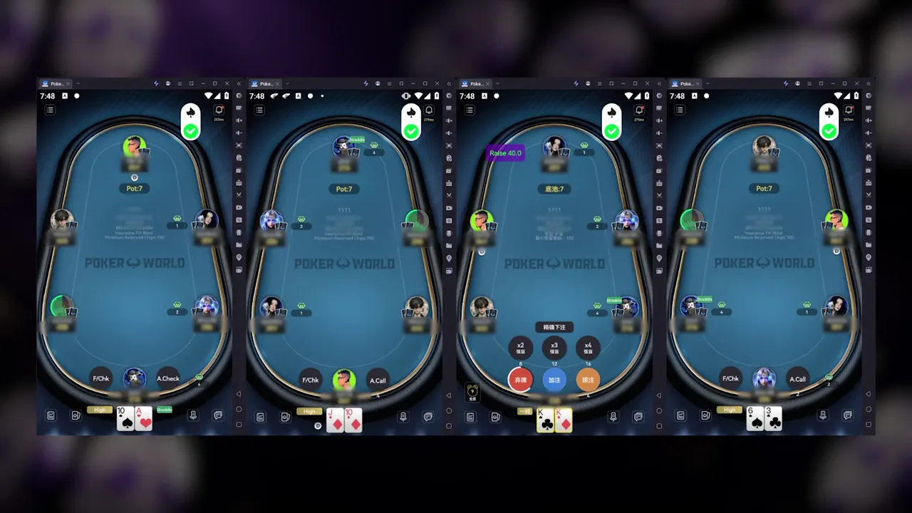 A supported PokerWorld multi-table session with separate Poker-Eye accounts and table status indicators.