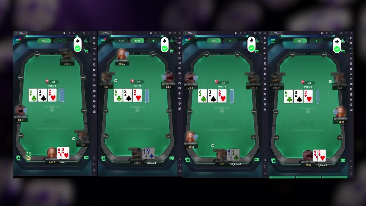 Four supported PPPoker tables with a separate Poker-Eye account and ready indicator for each table