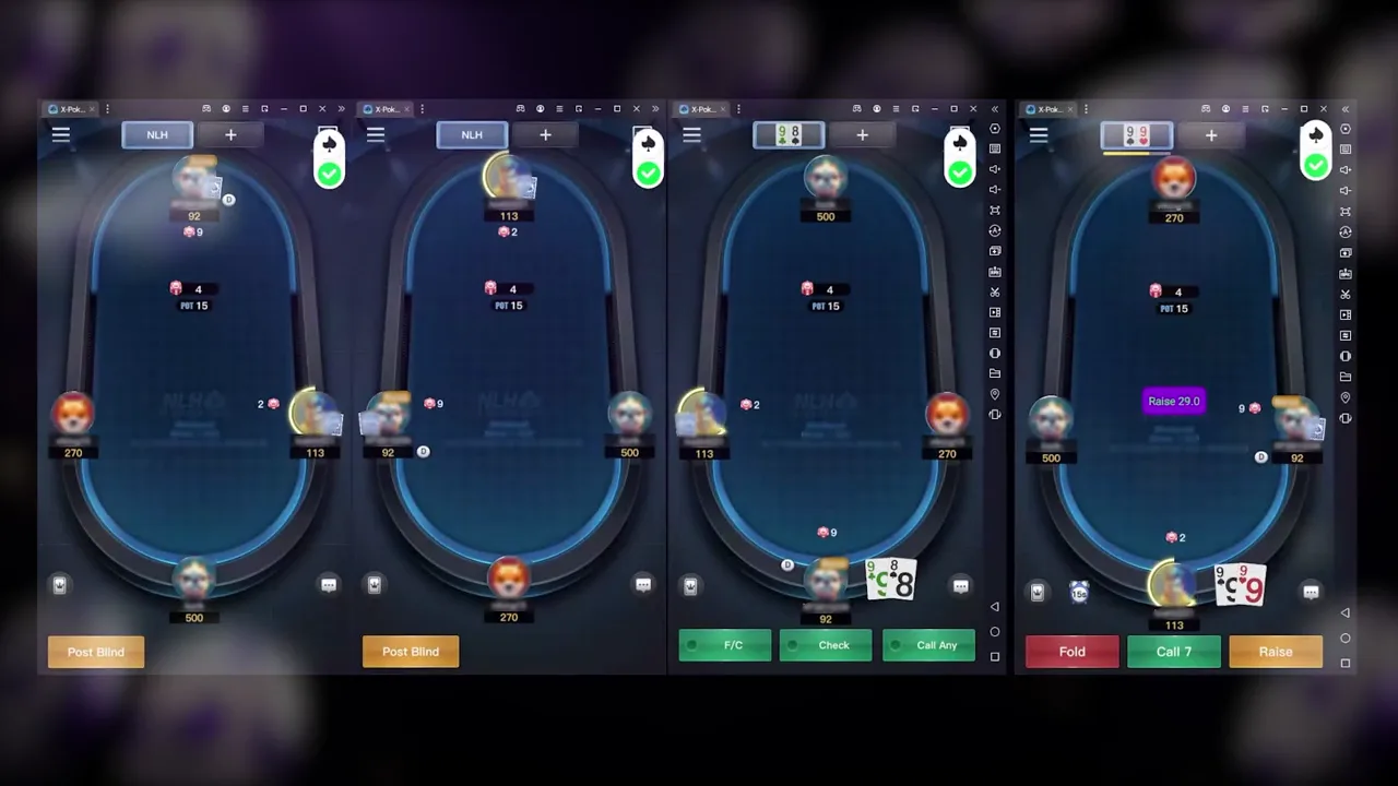 Four supported XPoker tables with separate Poker-Eye accounts and table status indicators.