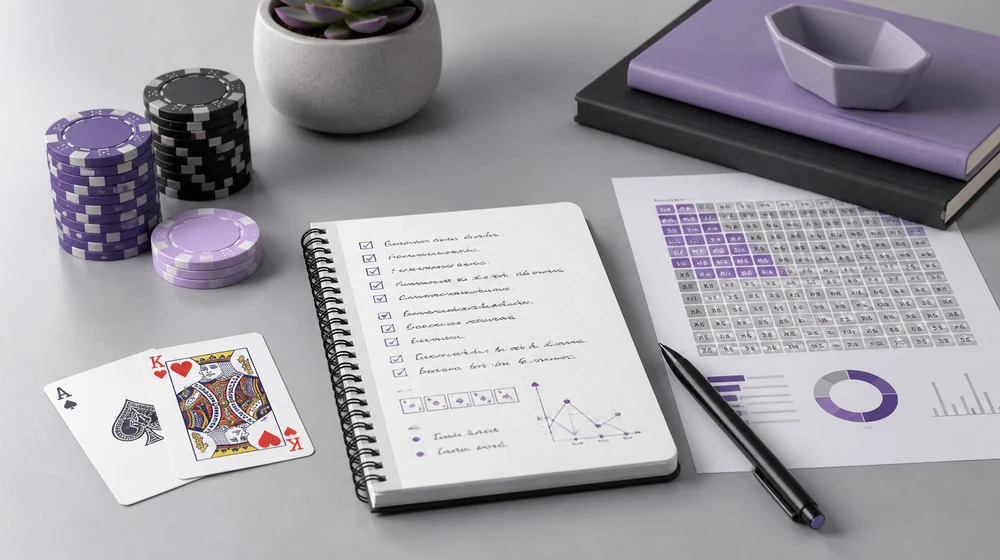 Poker hand analysis notes, a range grid and playing cards on a light desk