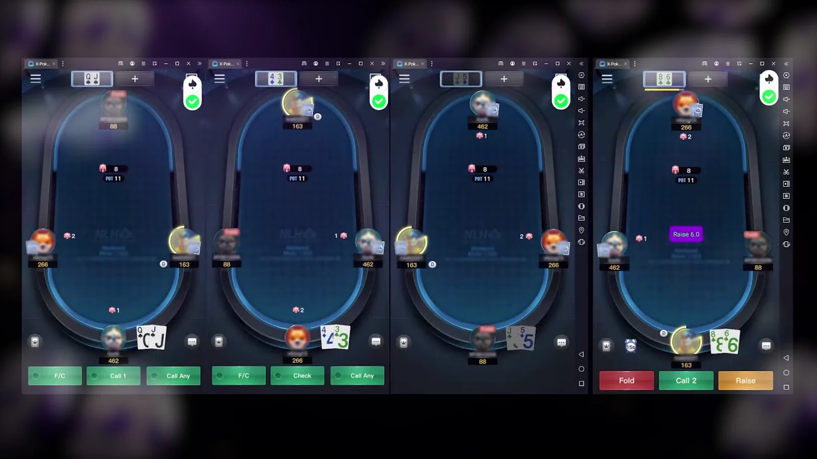 Four XPoker tables running side by side with a separate Poker-Eye account and status indicator for each table