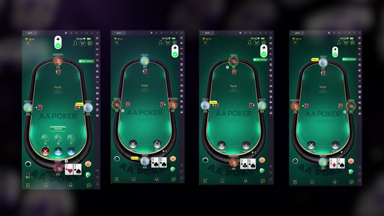 Four supported AAPoker tables with a separate Poker-Eye account and status indicator for each table.