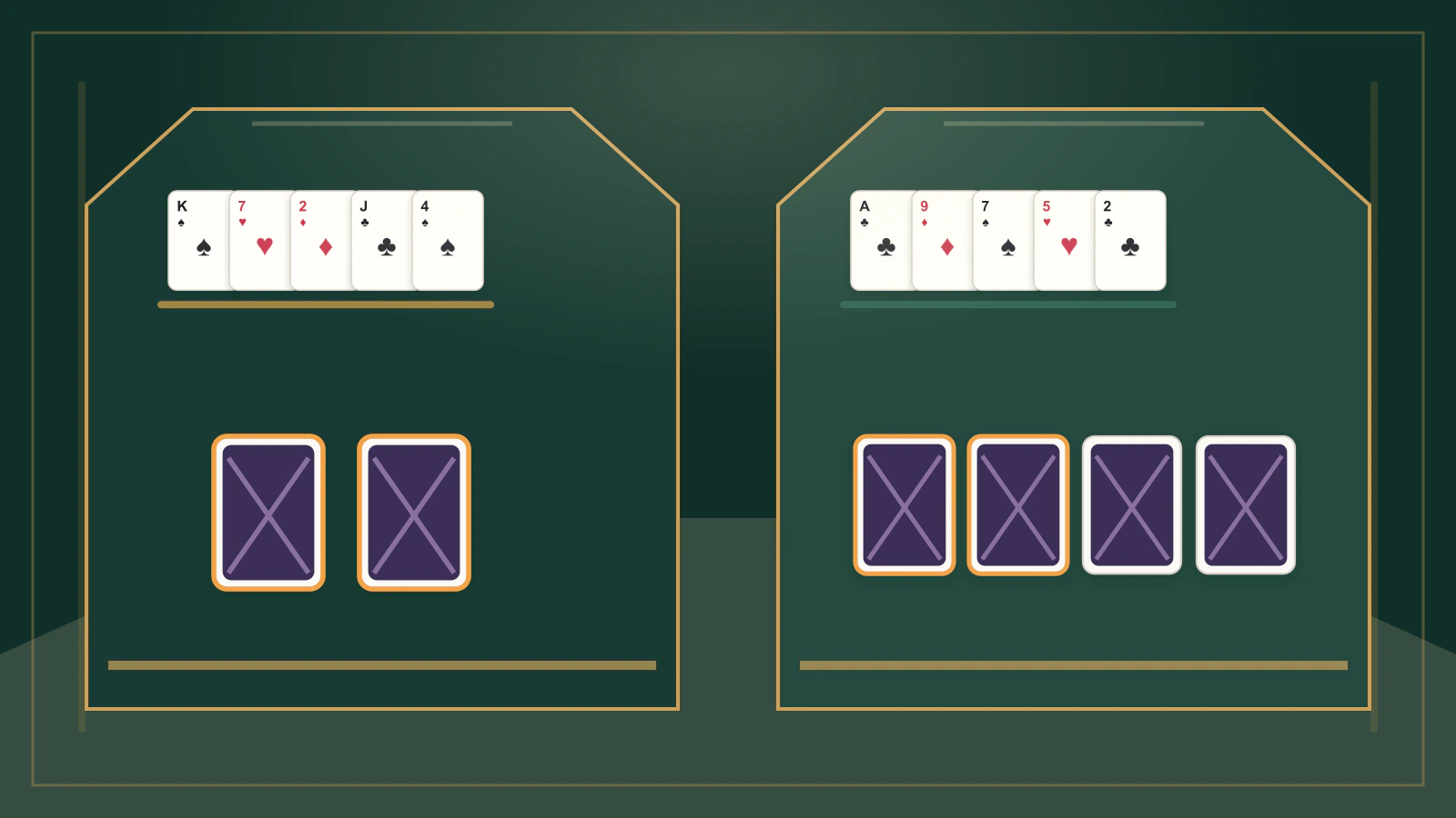 Hold'em and Omaha diagrams contrast two hole cards with four and highlight the construction rule.