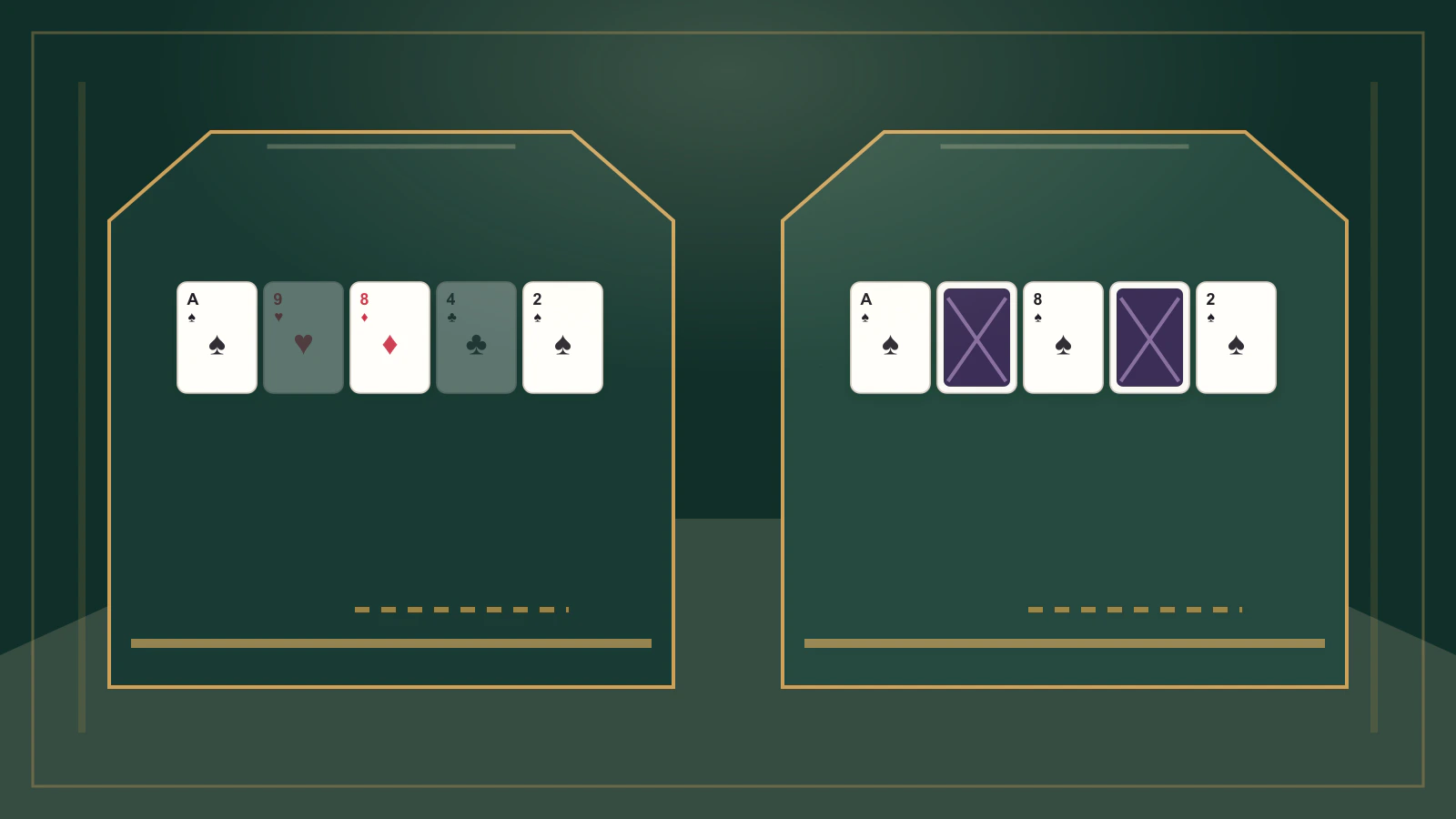 A draw panel shows hidden cards before and after selected replacements.